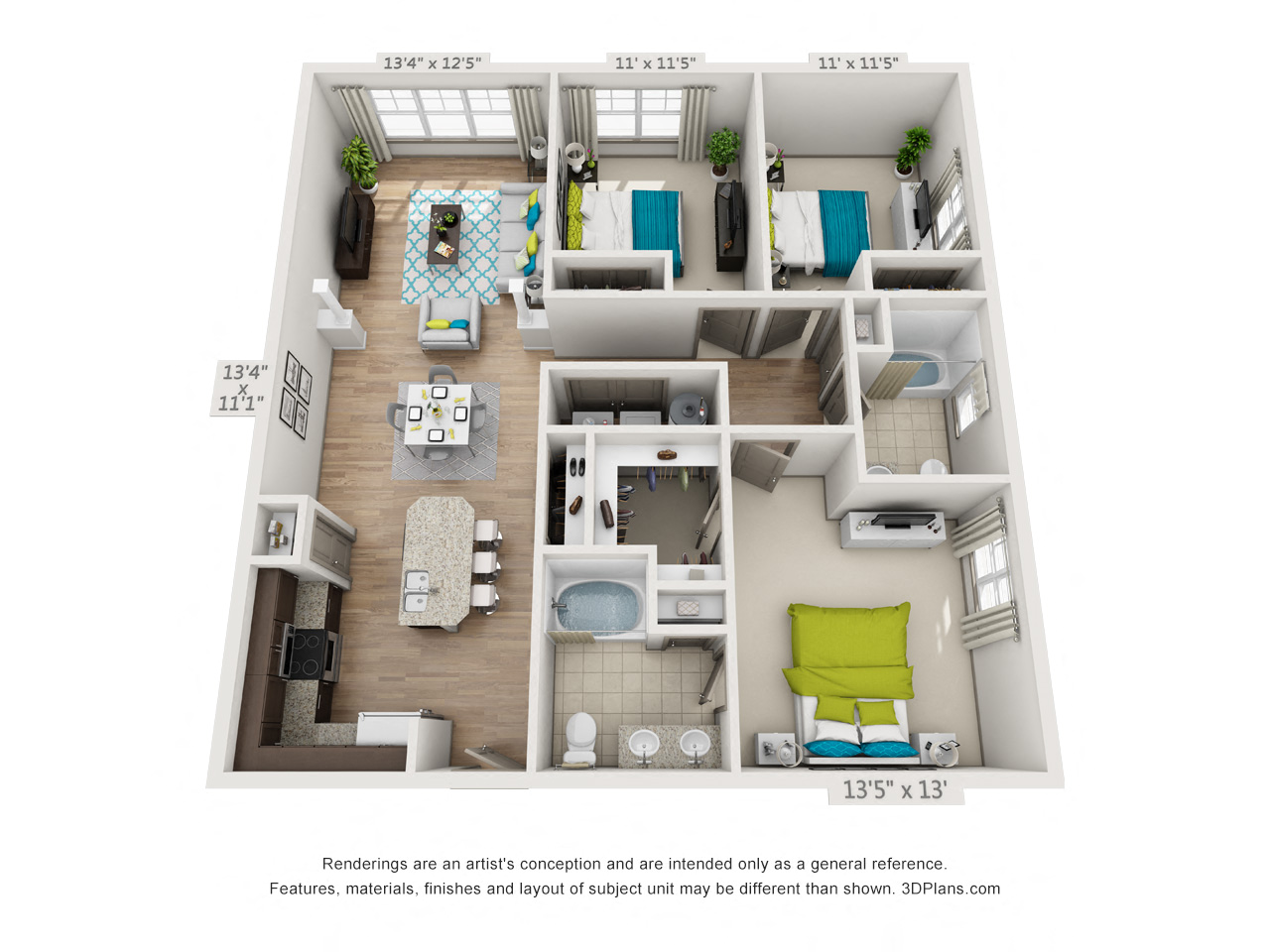 Floor plan for 3 beds, 2 baths, 1378 sqft